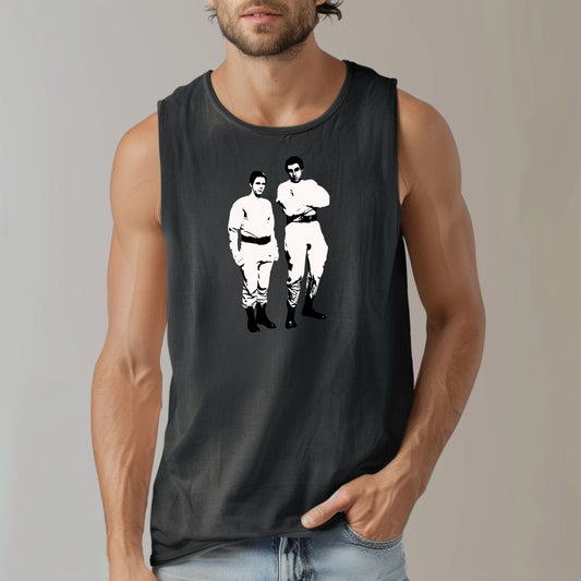 a man wearing a tank top with a picture of two men on it