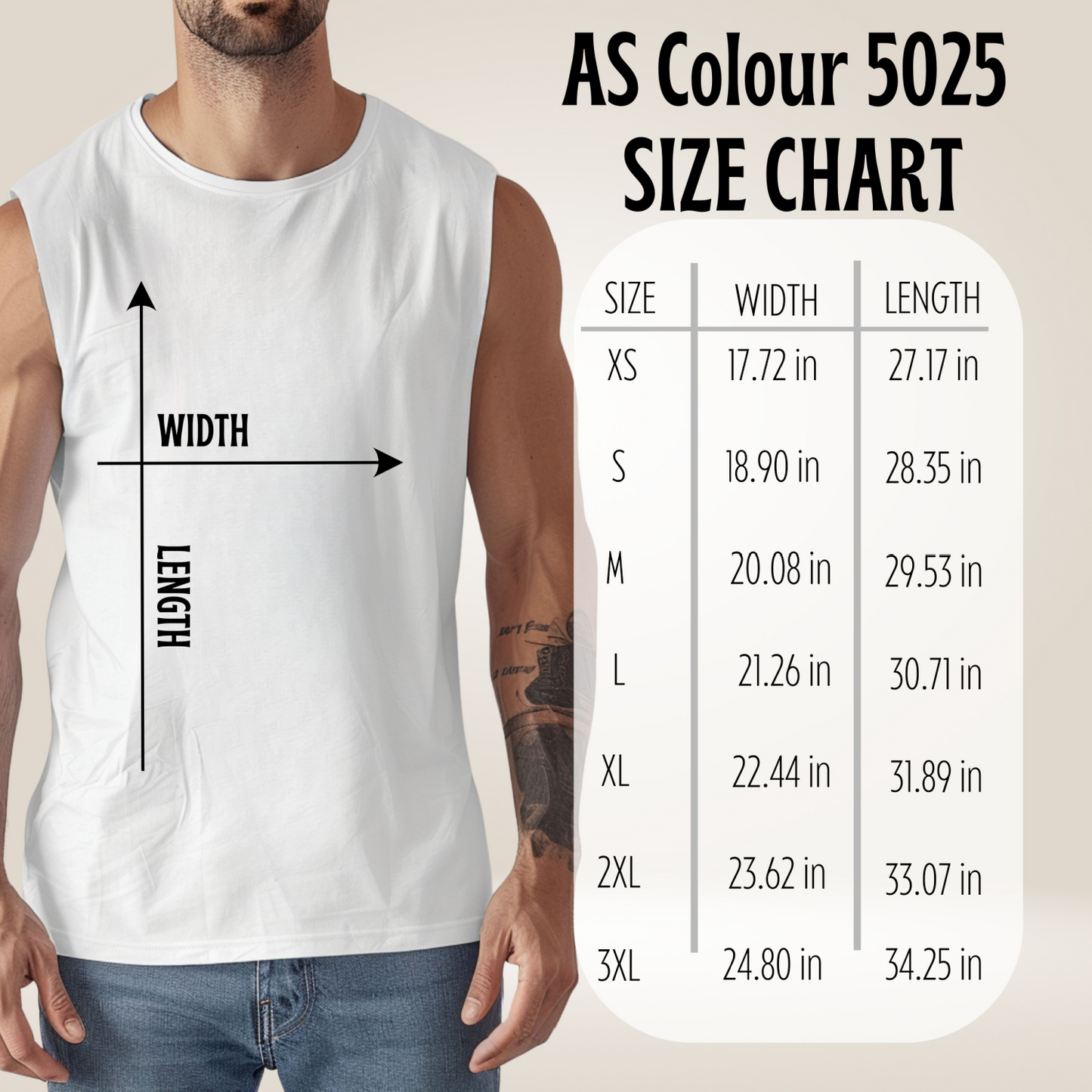 a man wearing a white tank top with measurements