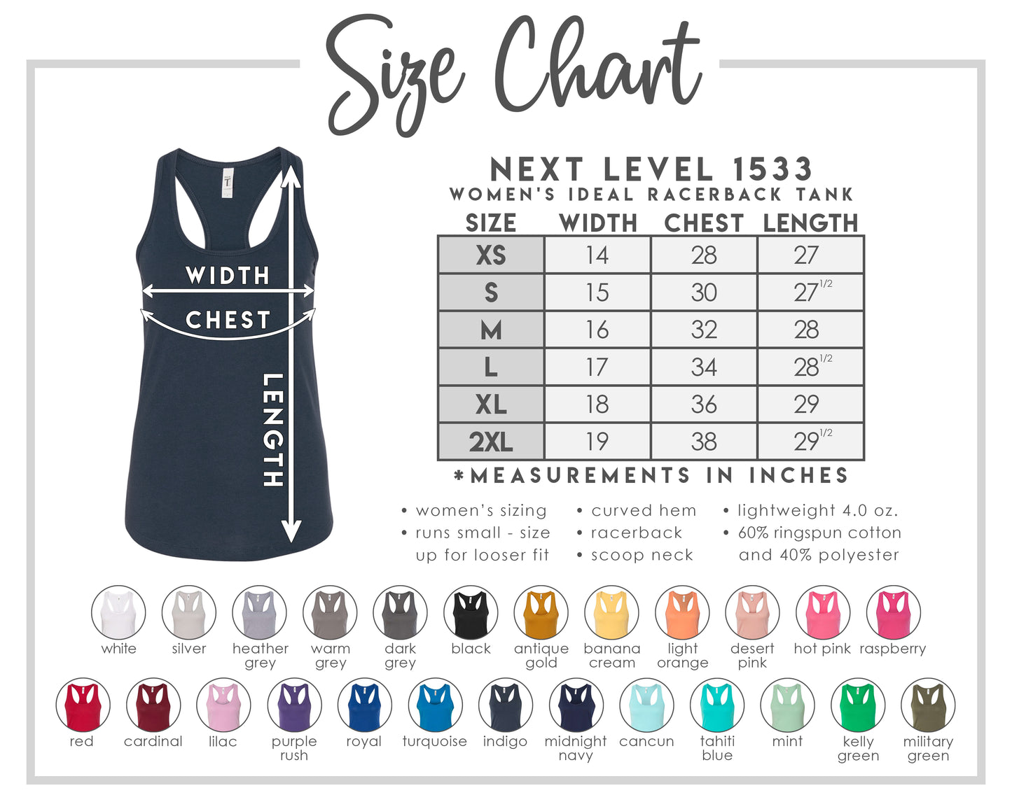 the size chart for a women's tank top