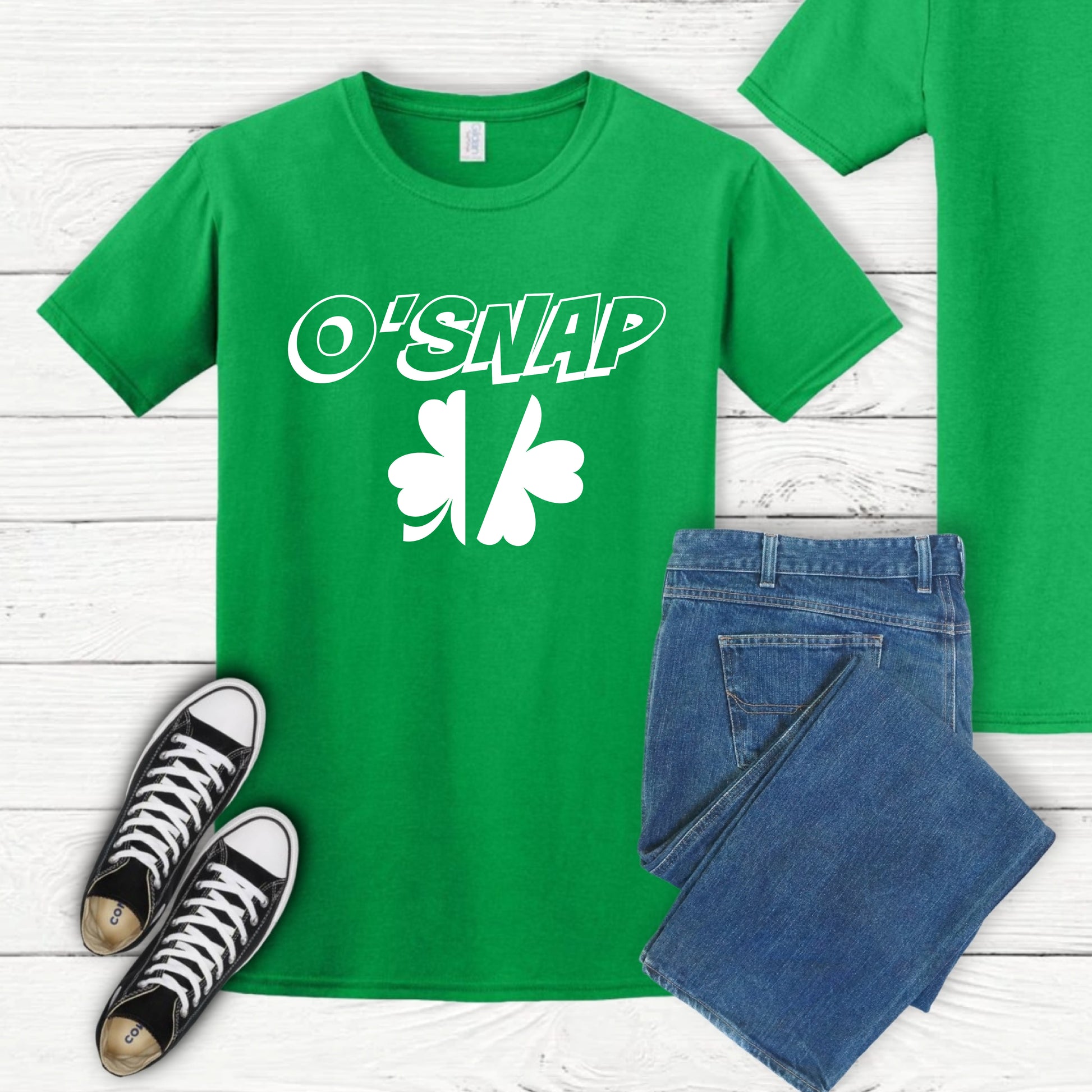 a t - shirt that says osnap and a pair of jeans