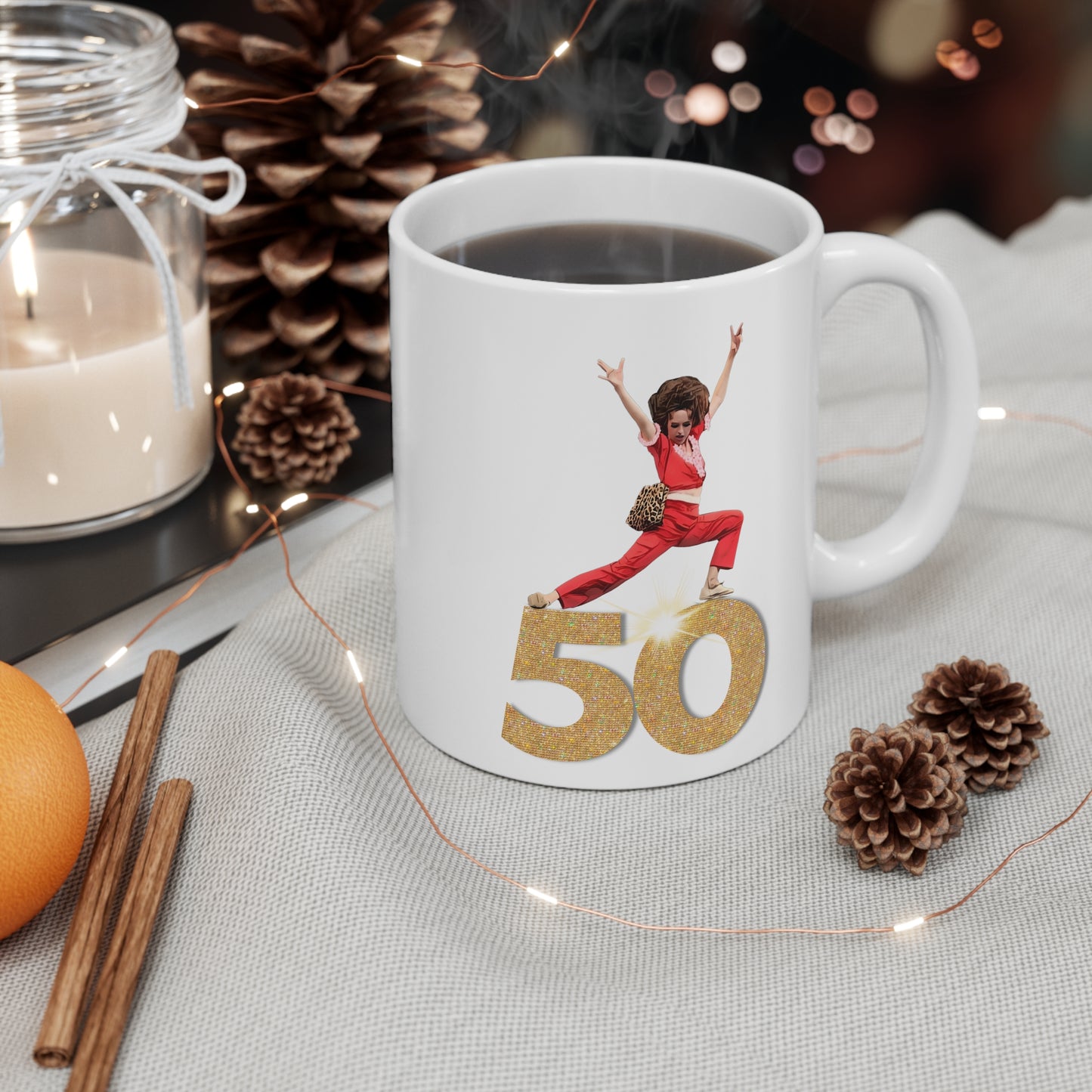 I'm 50, Sally O'Malley Mug, Molly Shannon, I like to Kick and Stretch, Mug 11 oz.