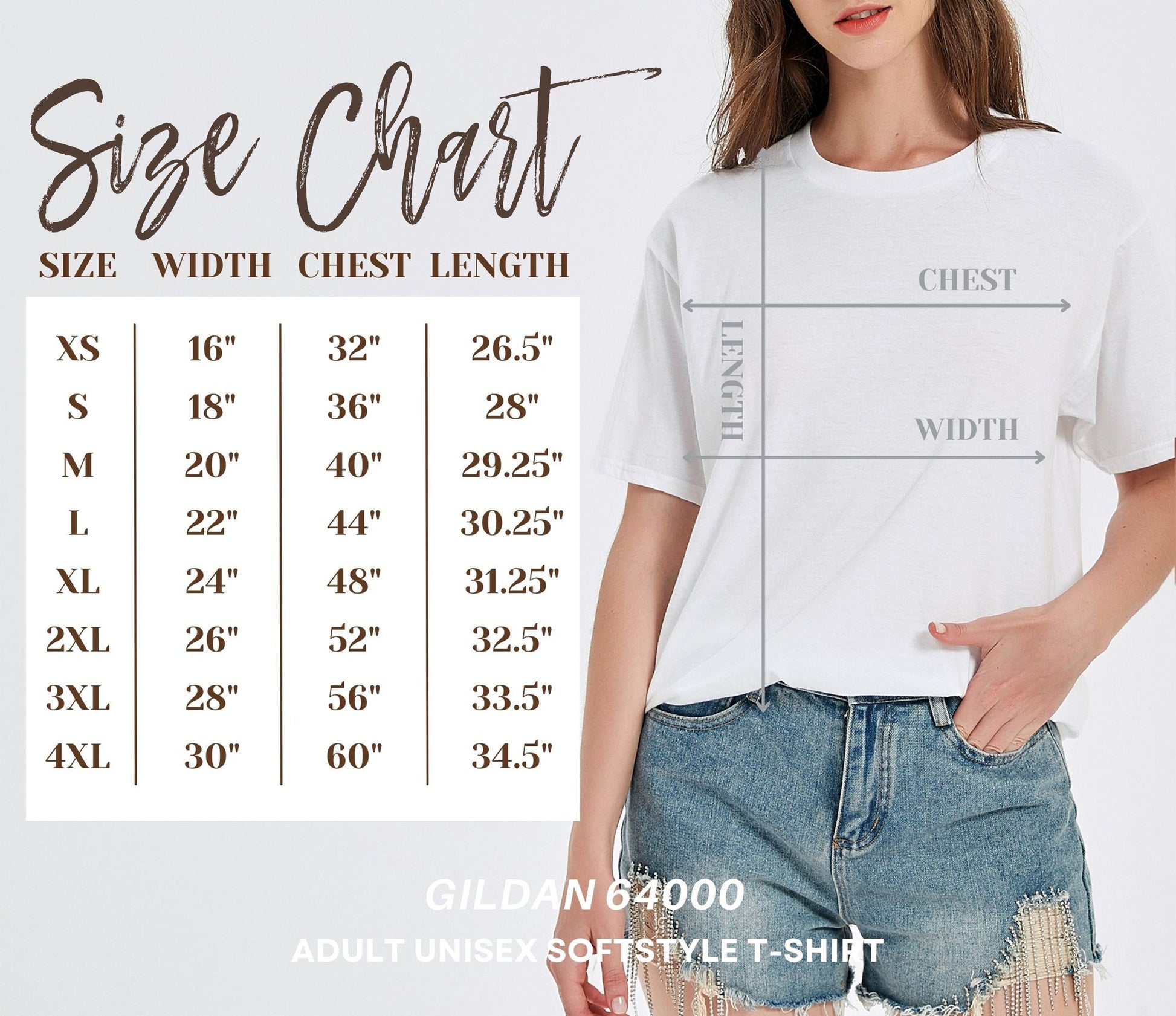 The image is a size chart for a GILDA 6 4000 adult unisex softstyle t-shirt. The chart provides measurements for chest, waist, and length, along with corresponding sizes for different body types. The woman in the image is wearing a white t-shirt and denim shorts.