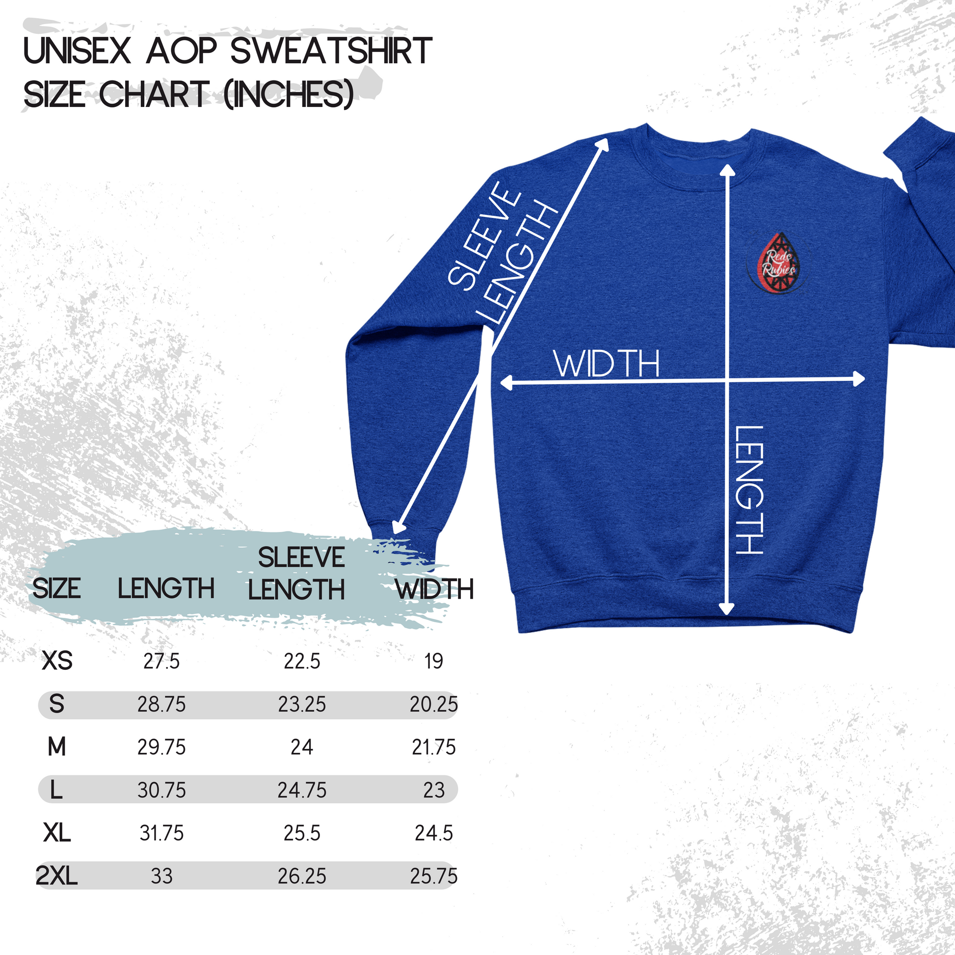 a blue sweatshirt with measurements for the size of the sweatshirt